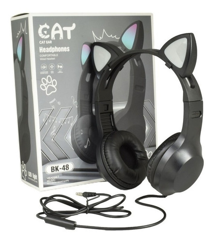 Imagen 3 de 4 de Audifonos Diadema 3.5mm Cat Orejas De Gato Luz Led Ear Bk-48