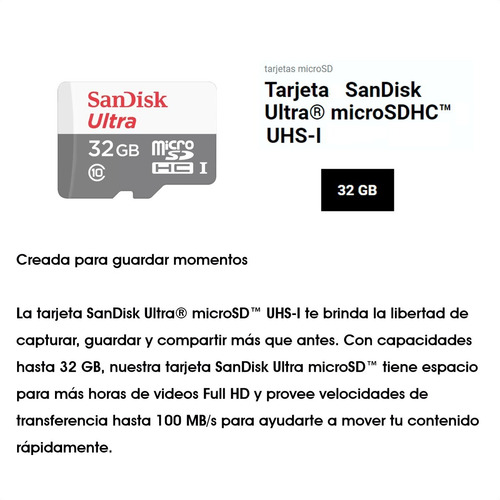 Imagen 2 de 7 de Tarjeta Micro Sdhc 32gb, Sandisk Ultra, Uhs-i, C10, 100mb/s