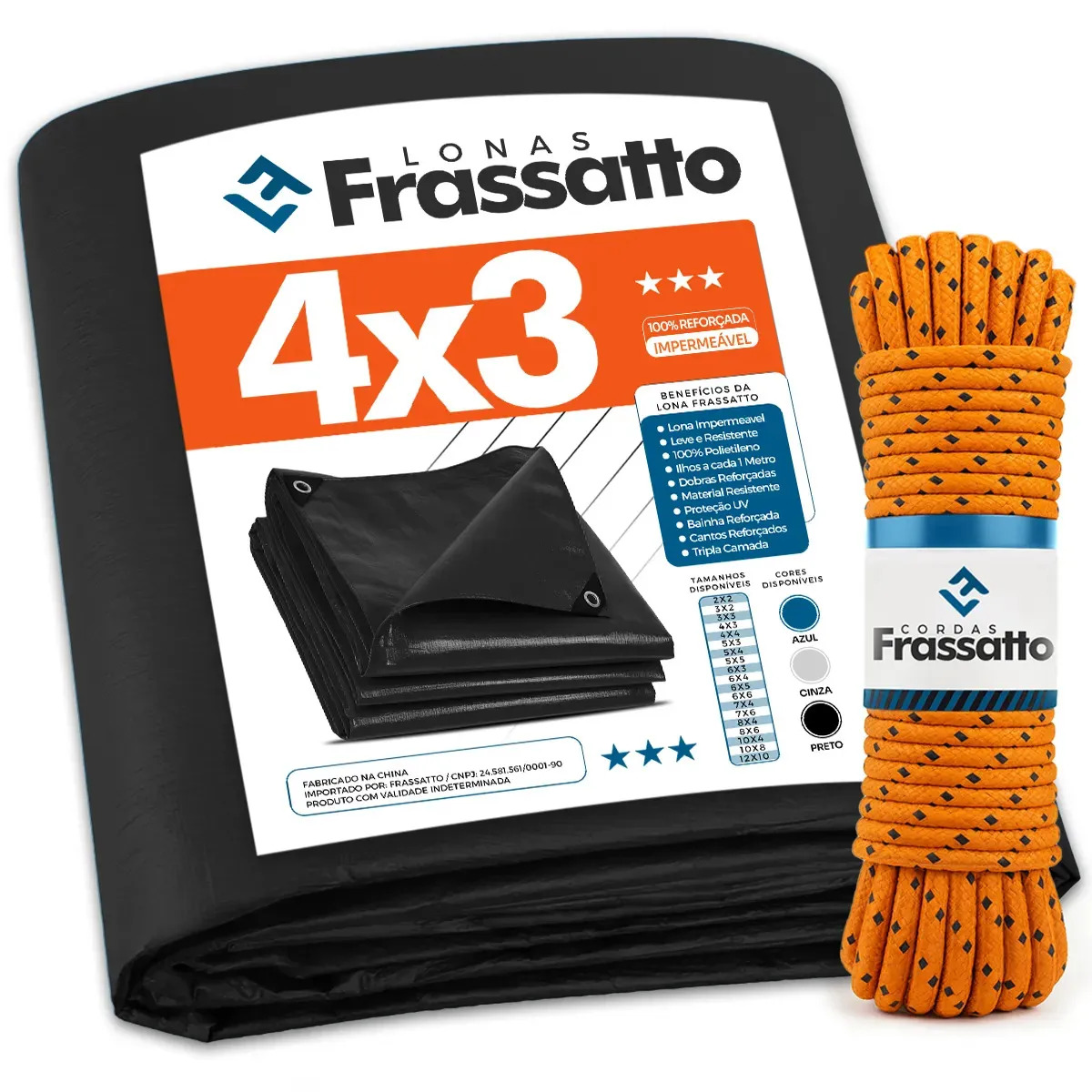 Lona Impermeavel 4x3 Ou 3x4 Preta Reforçada Multiuso Cobertura Piscina Telhado Barraca Camping Proteção Uv Com Ilhós Frassatto