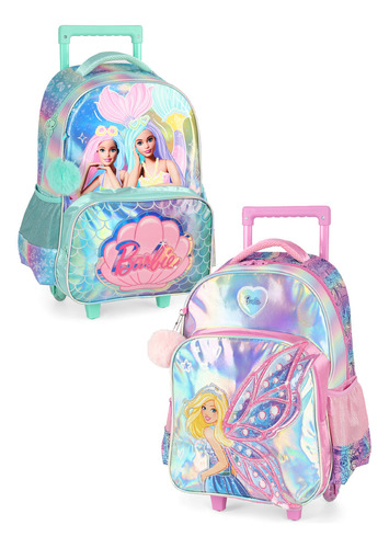 Mochila Rodinhas 17 Barbie Fada Holográfico Rosa Luxcel
