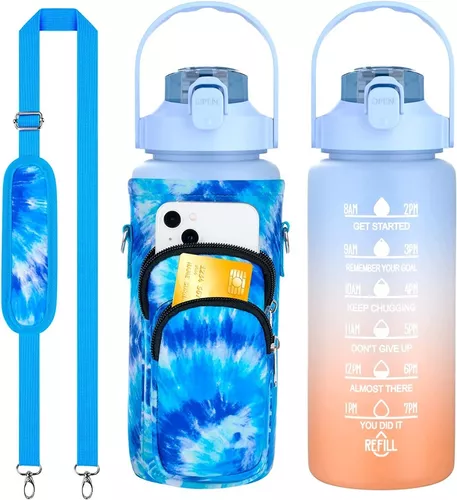 Botella de agua de medio galón con manga de 70 onzas (2 litros) con Funda  de Almacenamiento celulares, Marcador de Tiempo y motivacional, Sin BPA