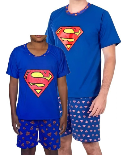 Pijama Super Herói Pai Filho Meia Manga Short Adulto Infanto