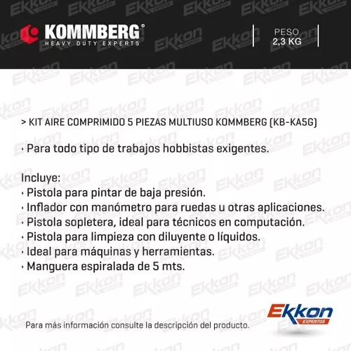 Kit Aire 5 Piezas Compresor Gravedad Pistola Pintar Kommberg