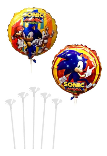 Pack 6 Globos Sonic Metalizados Redondos 23cm + Varillas