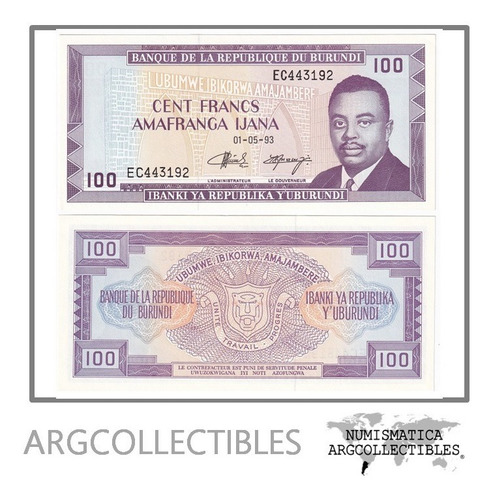 Burundi Billete 100 Francos 1993 P-29c Unc