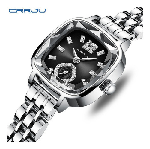 Relojes de cuarzo con diamantes cuadrados de lujo de Crrju, color de fondo plateado y negro