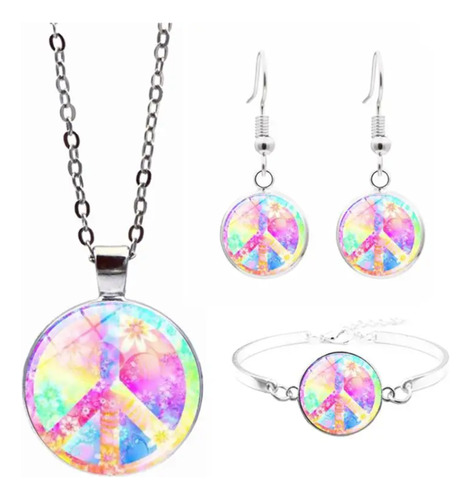 Juego Collar Aretes Pulcera Amor Y Paz Hippie Arcoiris Flore