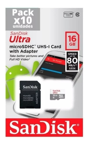 Imagen 3 de 5 de Pack X 10 Unidades Tarjeta De Memoria 16gb Sandisk Ultra Sd