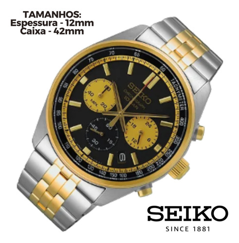 Relógio Seiko masculino cronógrafo SSB430B1 esportivo de aço dourado com mostrador preto à prova d'água, pulseira de aço inoxidável elegante e robusto