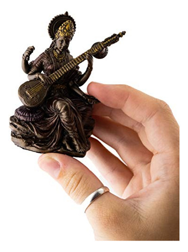 Mini Estatua Saraswati Diosa Hindú Bronce 3 Pulgadas.