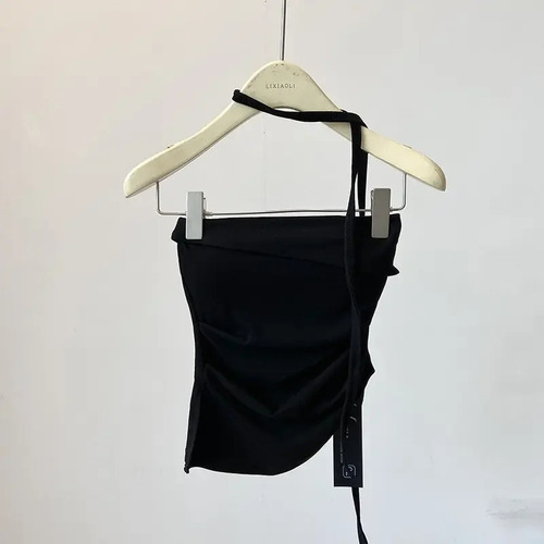 Camiseta Sin Mangas Para Mujer Con Cuello Halter, Negro, Gri