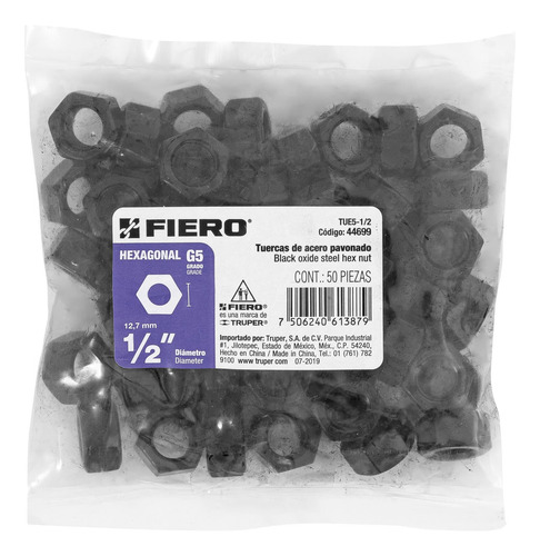Tuerca 1/2'' Grado 5 Hexagonal Pavonada 50 Pz Fiero 44699