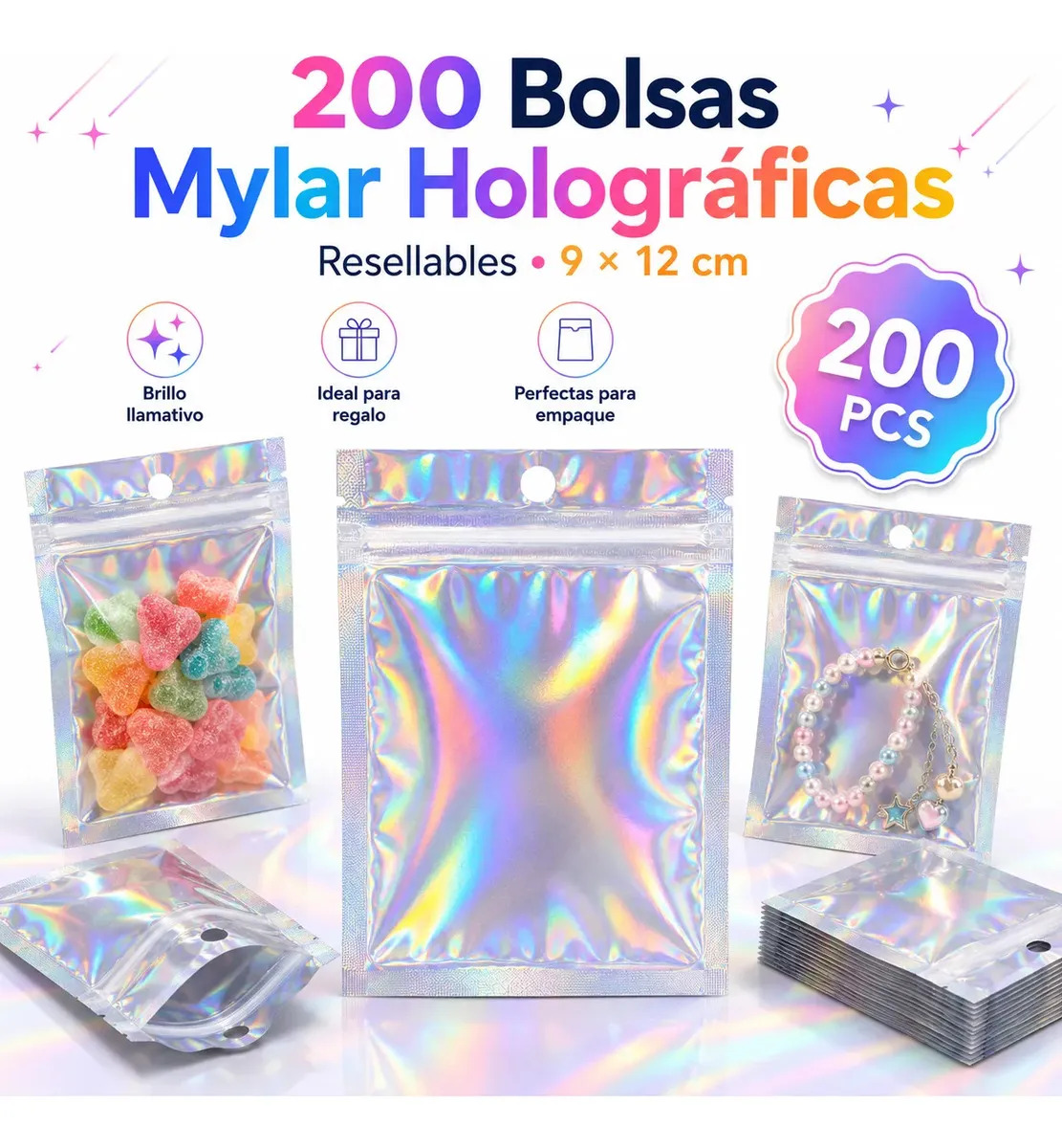 Bolsas Ziplock Holográficas Arcoíris para Joyería, Dulces y Cosméticos (Pack 200 Unidades)