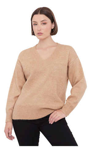 Sweater Mujer Camel Cuello V Corona