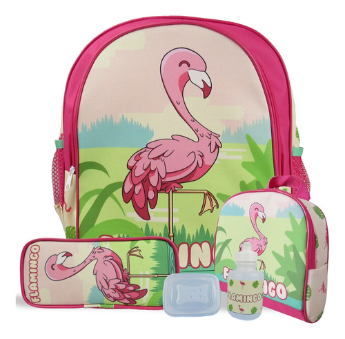 Kit Escolar Mochila Infantil De Costas Tam M Flamingo