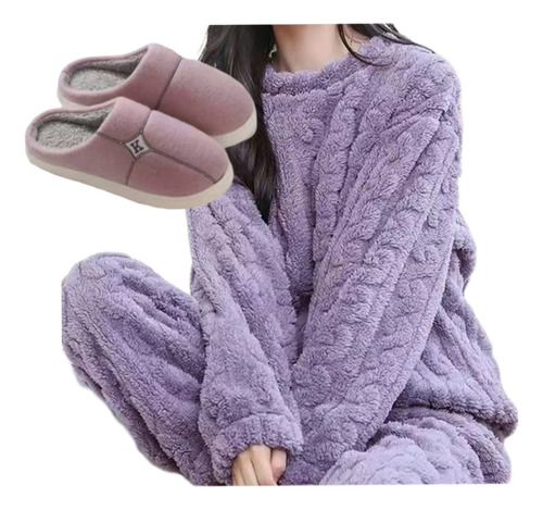 Pijama Mujer + Pantuflas Conjunto Pijama Forro Polar