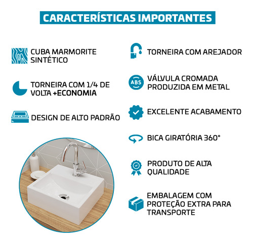 KIT Cuba Pia De Apoio Quadrada 32x30cm Topázio Para Banheiro Com Torneira E Válvula Cromada Beltempo