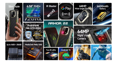 Smartphone Armor 22 16 Gb Ram + 128 Gb Rom + Vision Nocturna De Alta Resolución Uso Rudo Militar Dual Sim Nfc