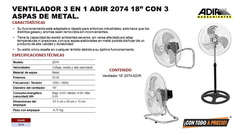 Ventilador 3 En 1 Adir 2074 18 Con 3 Aspas De Metal