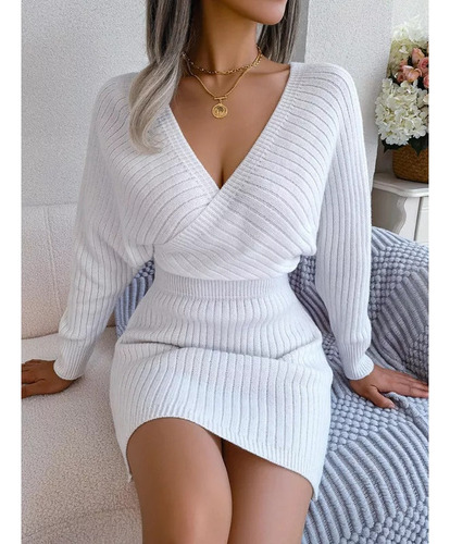 Vestido Lana Con Cuello En V Tejido De Invierno Para Mujer