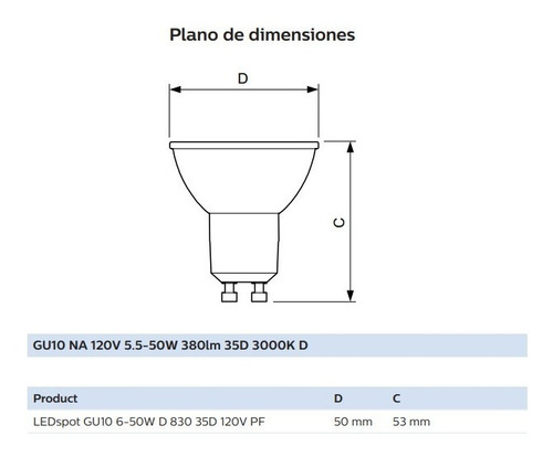 Foco Led Gu10 6w 3000k 120v Philips Dimeable 400 Lumen