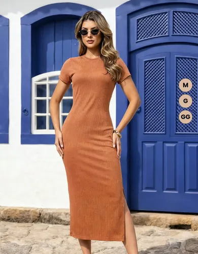 Vestido Feminino Midi Manga Curta Acinturado Modelador Verão
