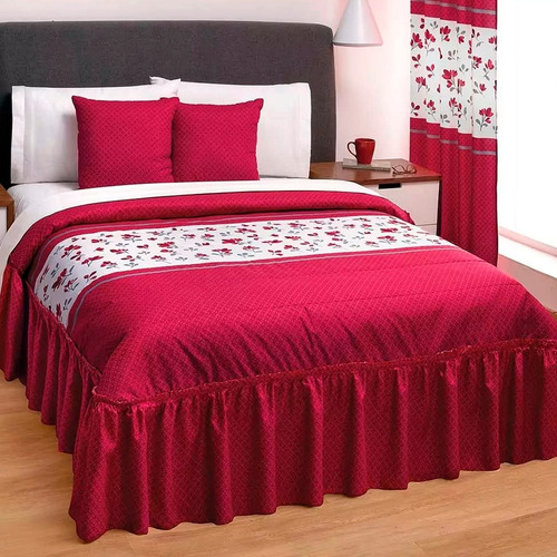 Imagen 2 de 2 de Colcha King Size + 2 Cojines Decorativos Lori Rojo Floral