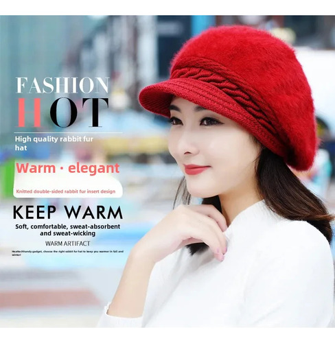 Gorra De Lana Tejida Con Piel De Conejo Para Invierno, Cálid