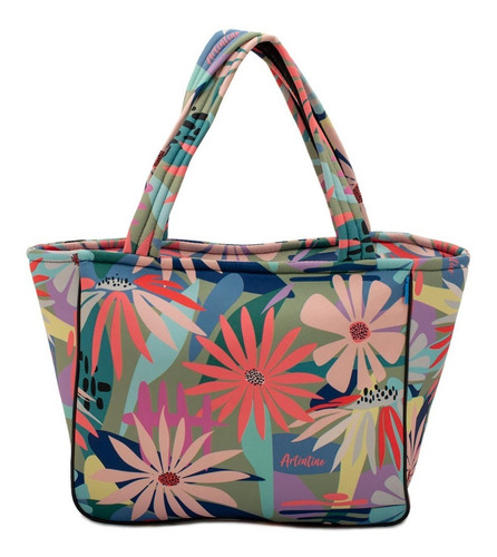 Imagen 1 de 5 de Cartera Bolso Tote Gigante Neoprene Cierre Tropical Mujer