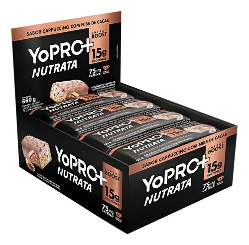 Caixa De Barrinha De Proteina Yopro Nutrata 660g Capuccino Com Nibs De Cacau