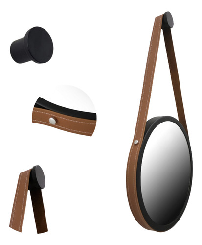 Espelho Redondo Adnet Premium Com Alça 50cm + Suporte Moldura Preto Alça Caramelo