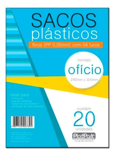 Envelope Plastico 4 Furos Ofício 0,05mm 20 Folhas Plastpark