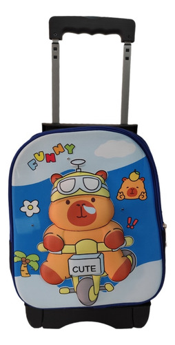 Mochila De Moda Capibara Con Luz. Con Llantas O Ruedas Para Preescolar O Kinder. Varios Modelos Niño Y Niña Azul Claro Liso
