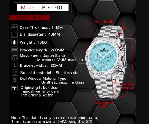 Reloj Sumergible Pagani Design Pd-1701 V4 Cronógrafo Plateado Plateado Celeste