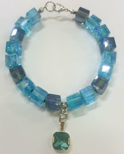 Pulsera Cristal Facetado Con Dije Topacio Azul En Plata 