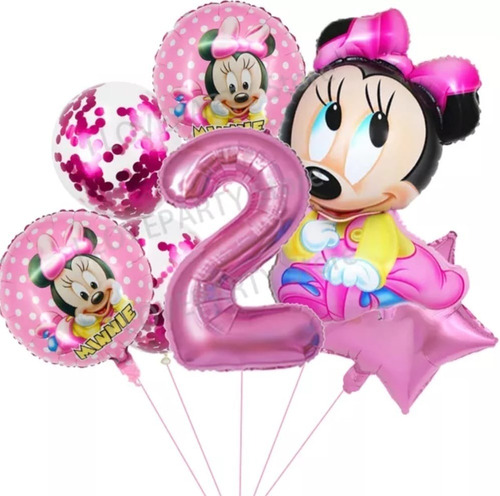 Set Globo Minnie Bebé + Número Fucsia × 7 Unidades 