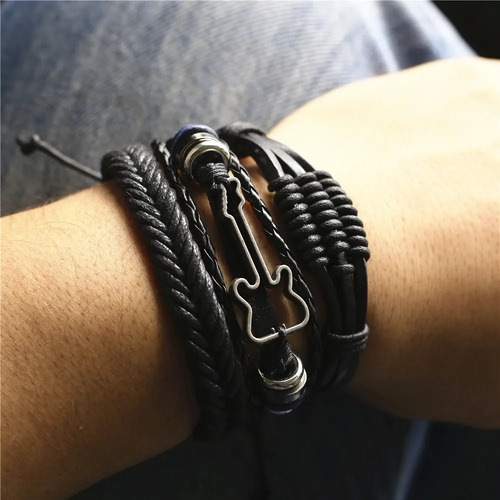 Pulsera De Cuero Guitarra Black 3 Hombre Mujer Moda 2025