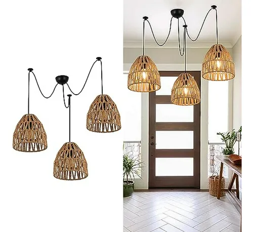 Lámpara Colgante De Bambú 3 Luces, Ratan Tejido, Estilo Rúst