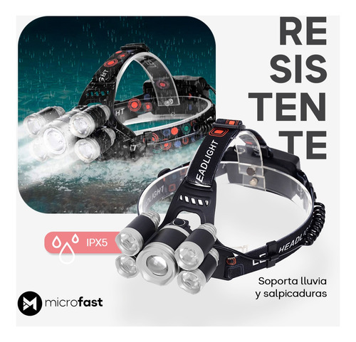 Imagen 3 de 8 de Linterna Vincha Cabeza Minero 5 Led Recargable Zoom Camping