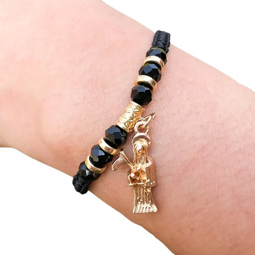 Pulsera Brazalete Hilo Negro Cuencas Dije San La Muerte