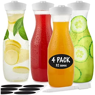 Plastic Juice Carafe With Lids (set Of 4) 32 Oz Carafes...