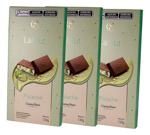 Kit 3 Tablete Lanut Chocolate Pistache Cacau Show 130g