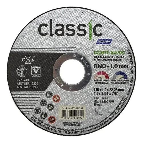 Kit 10 Disco Corte Aco Inox Fino 1mm Classic Basic Norton