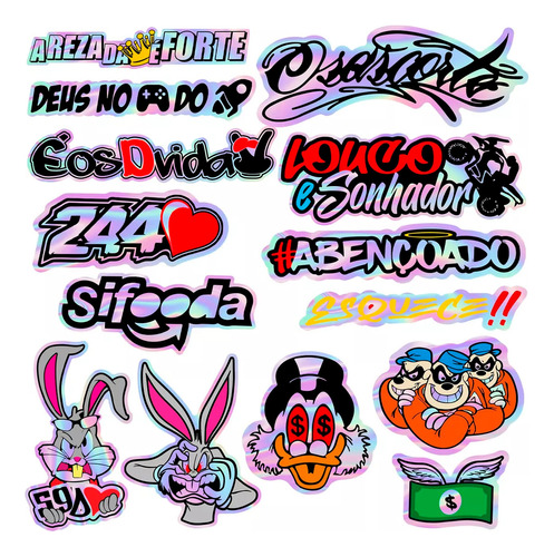 Jogo 14 Sticker Holografico Moto Capacete Bicicleta Caderno