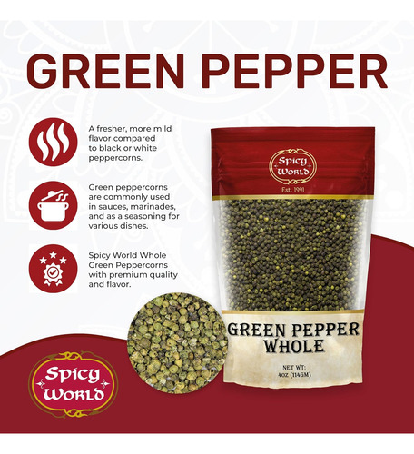 Spicy World Granos De Pimienta Verde Enteros, Bolsa De 4 Onz