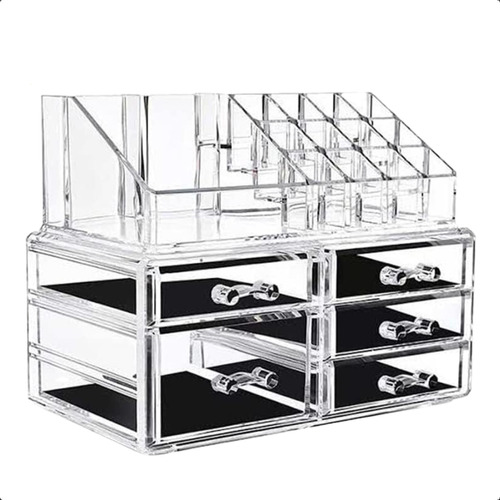 Organizador Acrílico P/ Maquiagem/joias: 5 Gavetas, 16 Divisórias, Transparente, 19x22.5x12cm. Ideal Para Pincéis, Batons, Acessórios. Organize Com Elegância