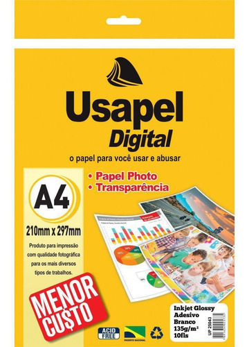 Papel Fotografico Inkjet Usapel Glossy Adesivo A4 135g