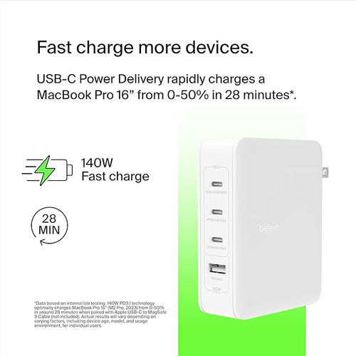 Belkin Cargador De Pared Gan 140w 4 Puertos: Carga Rápida Usb-c Para Macbook, iPhone 15, iPad Pro Y Samsung