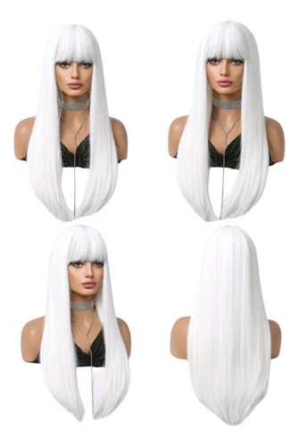 Peluca Blanca Lisa Larga Con Fleco Fibra Mate Color Blanco Tamaño De La Base 65cm