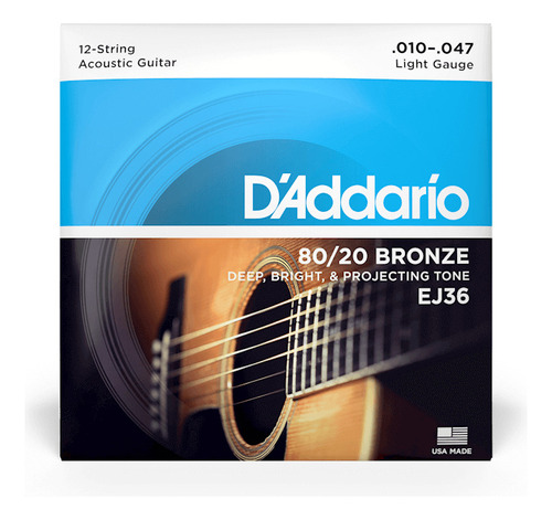 Encordado Daddario Ej36 80/20 010 047 G Acustica 12 Cuerdas